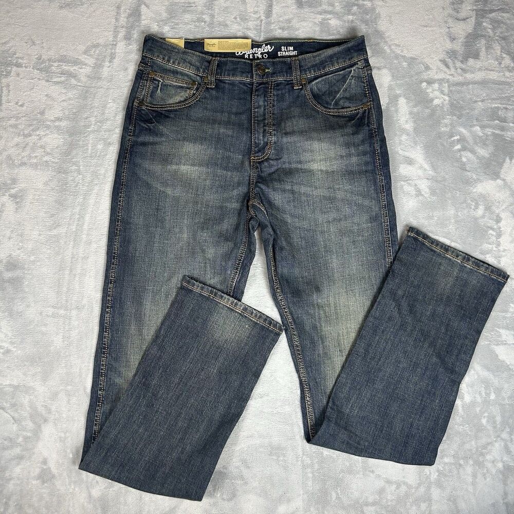 Wrangler Men’s Retro Slim Straight Dark Blue Wash Jeans 34X38